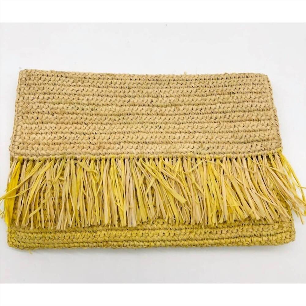 NEW SHEBOBO women's coco fringe crochet straw clutch in yellow